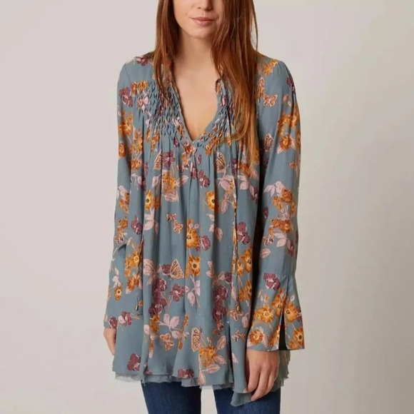 Free people So Fine Pebble Crepe Top floral boho teal blue size small - Picture 1 of 11